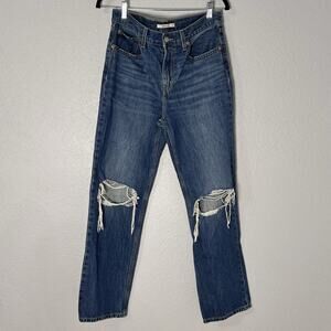 Levi's Womens Low Pro Straight Jeans Med Wash Blue Distressed Size 28